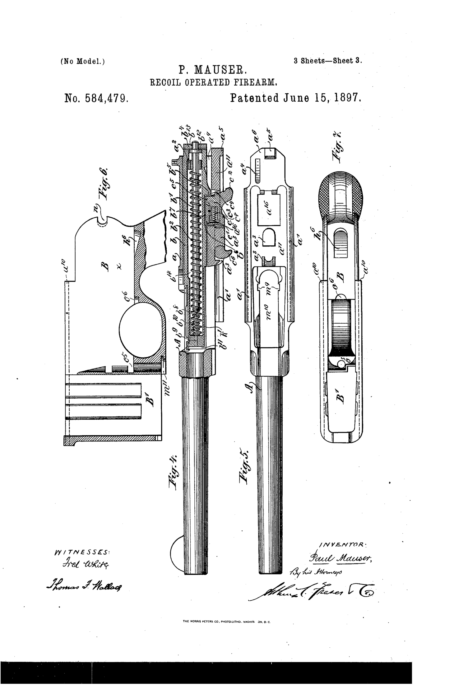 Figure 2.2 — Sheet 3 of US Patent 584,479, detailing the lock components — hammer, sear, the pivoting bolt-lock (locking block), and the coupling rocker — that interlock to hold the action together…