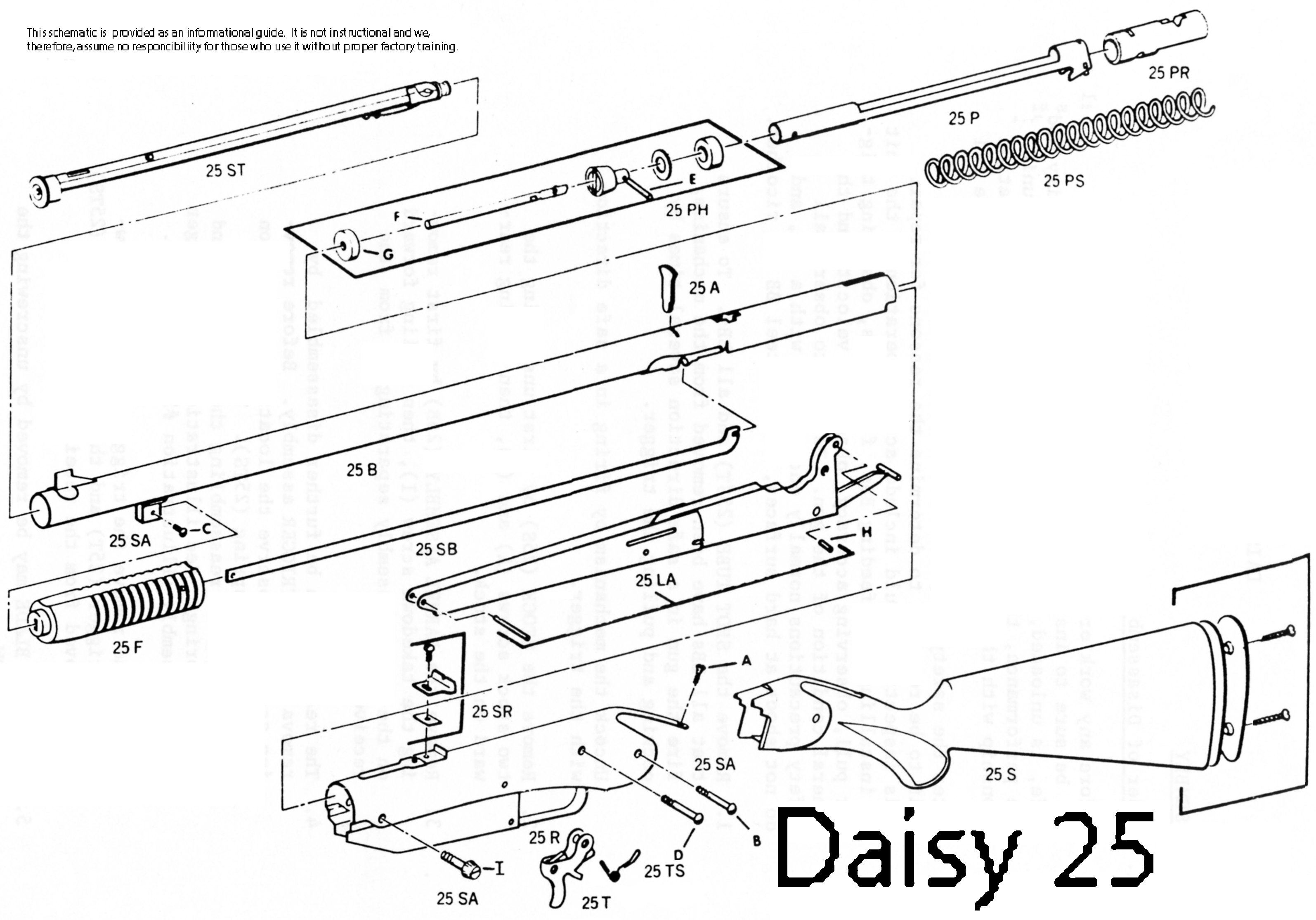 Figure 2 — Daisy's own exploded schematic for the Model 25. Read the parts list rather than the outline: the assembly running the length of the receiver is a plunger, a plunger head and a plunger spring. Ther…