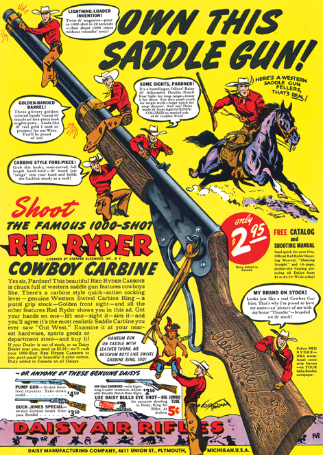 Figure 4 — A 1940 comic-style Daisy advertisement for the 1000-shot Red Ryder Cowboy Carbine at $2.95, drawn in the same idiom as the strip it was licensed from. Art style and price point are doing the same j…