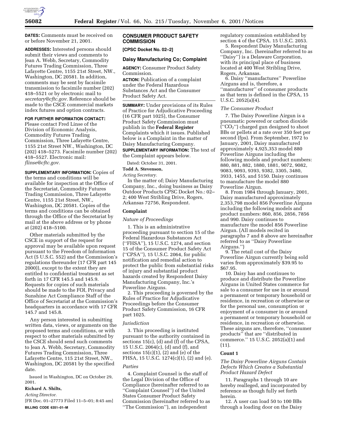 Figure 4 — The Federal Register of Tuesday 6 November 2001, volume 66, number 215, page 56082, carrying CPSC Docket 02-2, "Daisy Manufacturing Co; Complaint." This is the primary document behind the date, and…