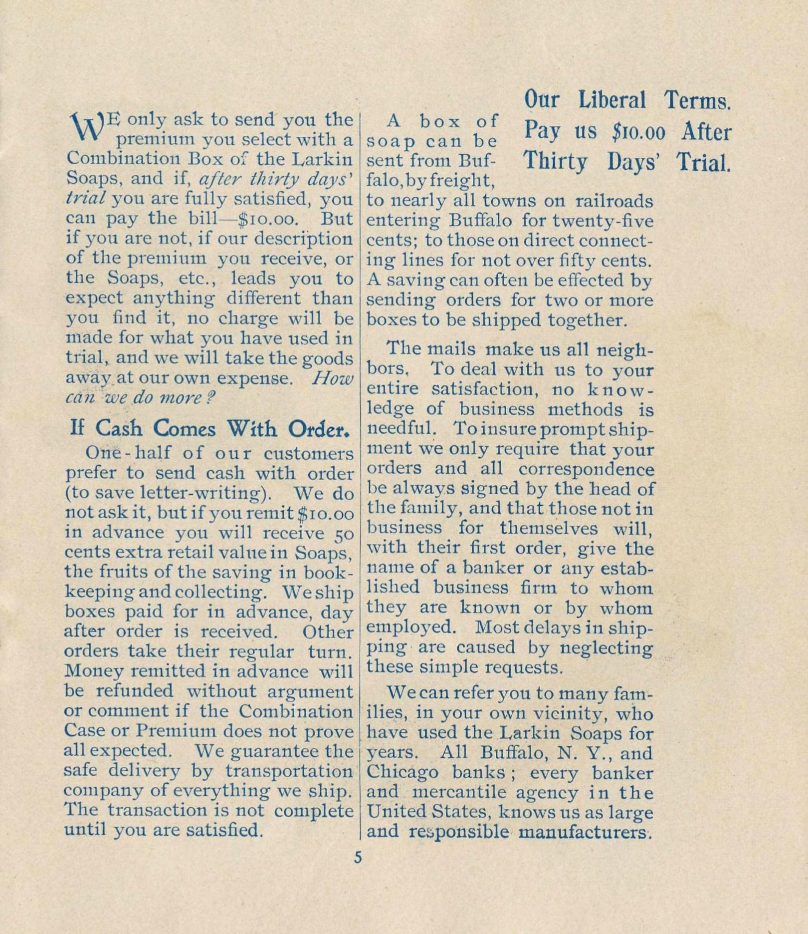 Figure 5 — Page five of "The Larkin Idea", the Buffalo soap company's house magazine, 1899. The offer is stated plainly: "We only ask to send you the premium you select with a Combination Box of the Larkin So…