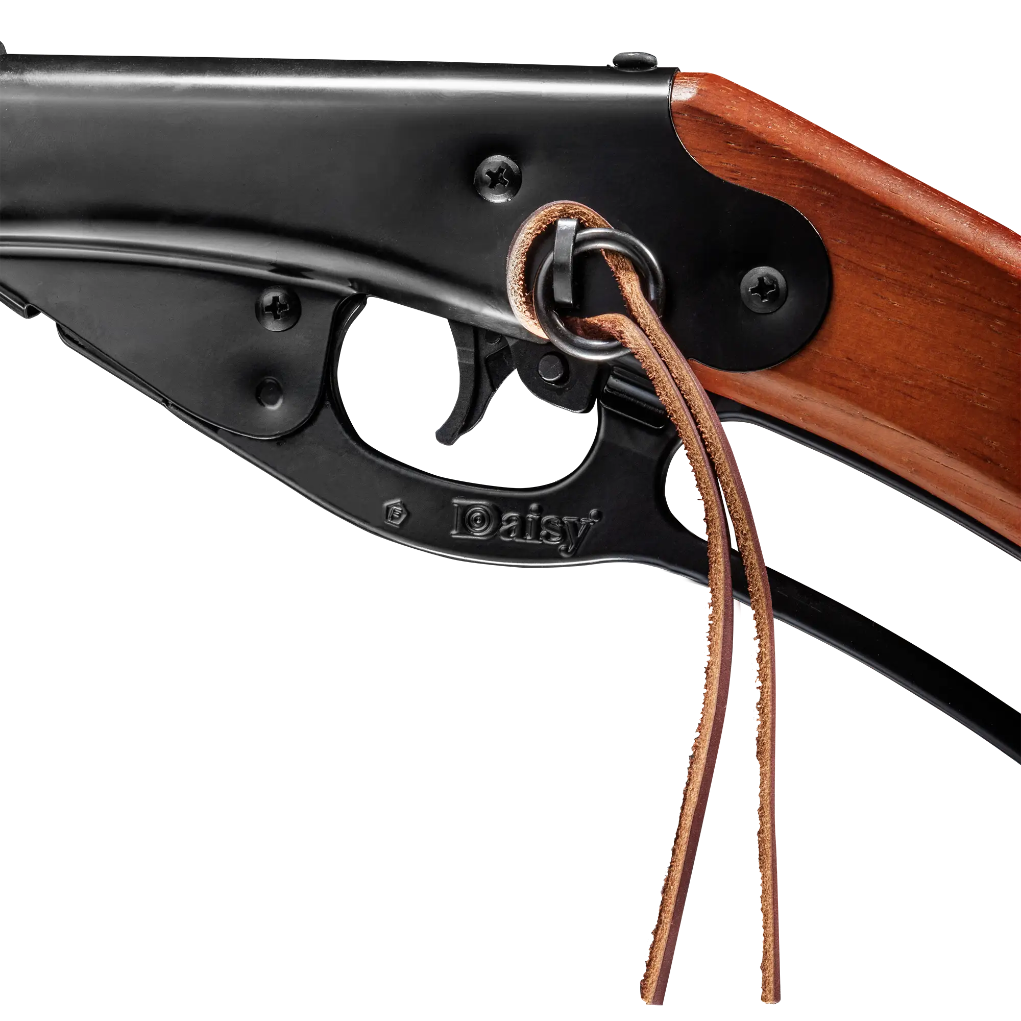 Figure 4 — The lariat ring on the left side of a current-production Red Ryder receiver, with its doubled leather thong threaded through. The ring is carried on a bracket screwed to the sheet-metal receiver ra…