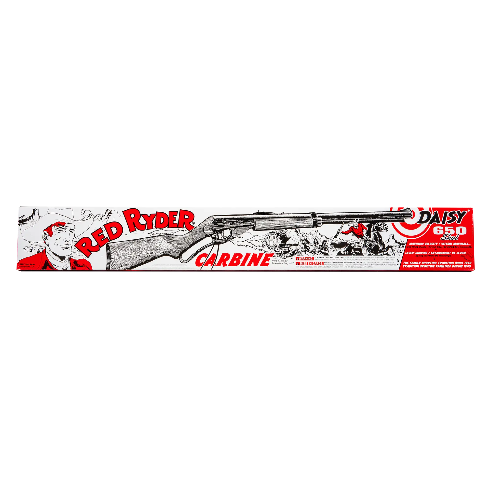 Figure 5 — Retail box front for a current Red Ryder, carrying a bilingual warning panel in red: ages ten and older, adult supervision required, not a toy, may cause serious injury particularly to the eye, and…