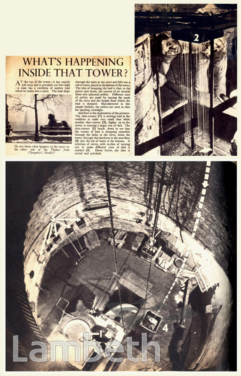 Figure 5 — Inside a working shot tower: a press photo-feature showing molten lead ladled into a sieve at the top, the resulting stream falling the height of the tower, and the tub of water at the bottom that …