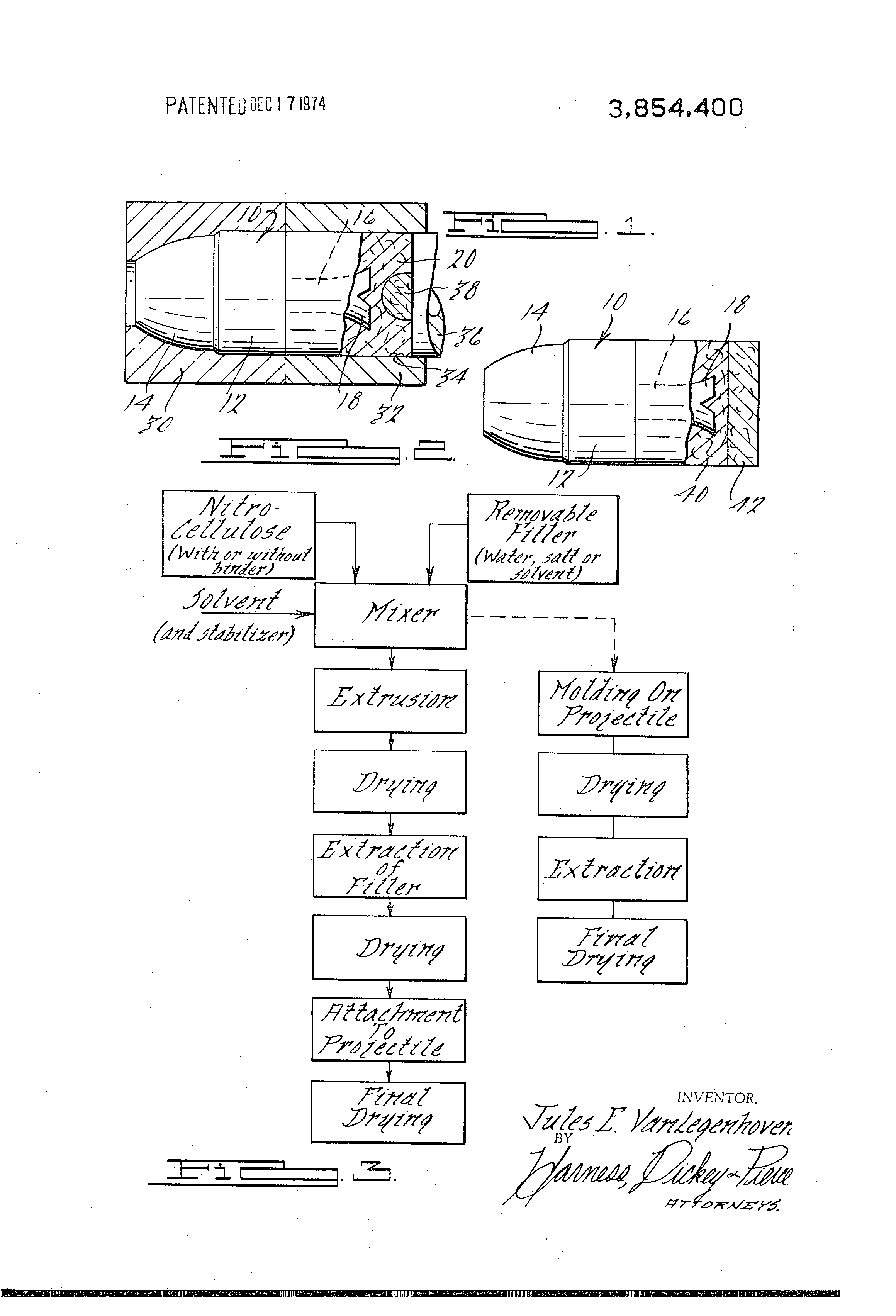 Figure 3 — A drawing sheet from US 3,854,400, "Caseless ammunition and propellant and method of making same" - filed 19 December 1968, granted 17 December 1974, Van Langenhoven named as inventor. It carries a…