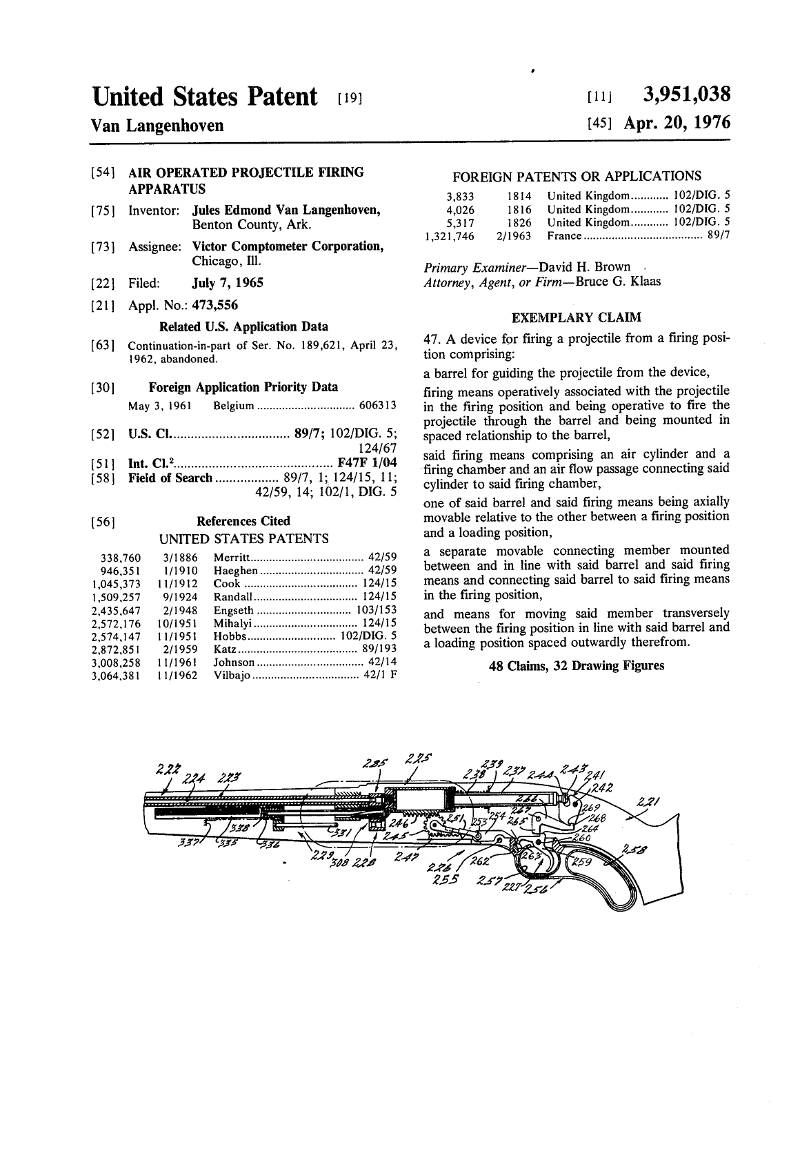 Figure 4 — Page one of US 3,951,038, "Air operated projectile firing apparatus" - the patent this volume leans on. Four lines carry the argument. The inventor is Jules Edmond Van Langenhoven, of Benton County…
