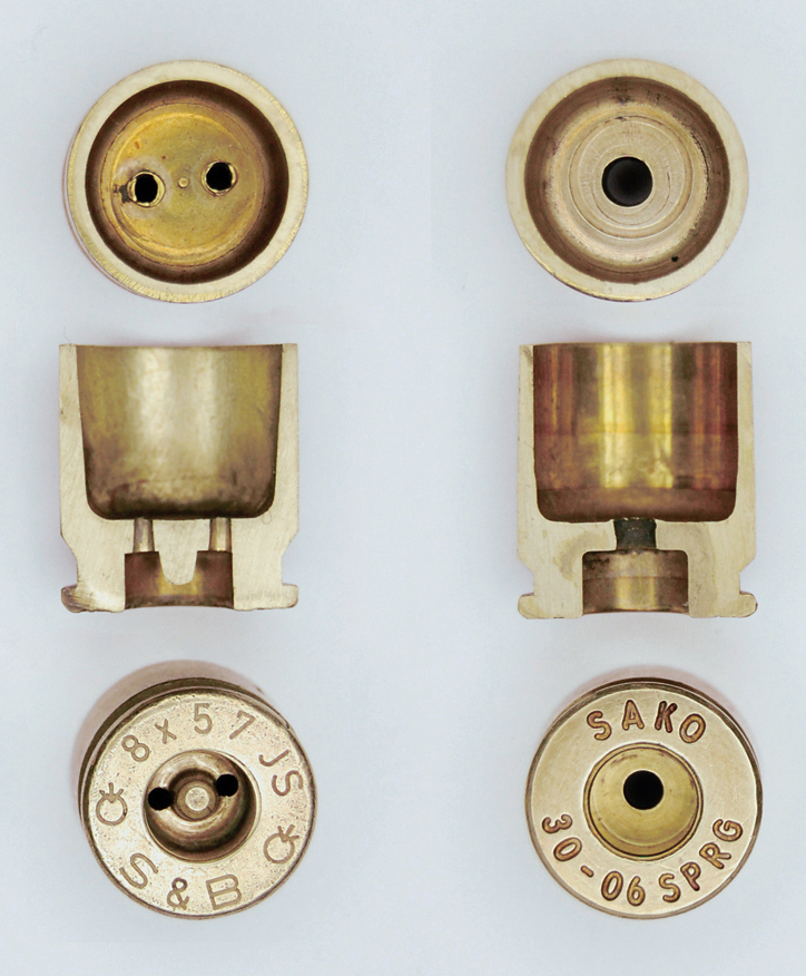 Figure 5 — Fired case heads photographed from the base, showing the difference in the primer pocket between the two systems on real cases — one headstamped for 8×57 and one for .30-06 Springfield. Photograph …