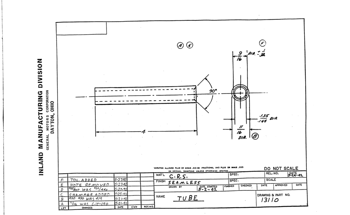 Figure 3 — Factory drawing 13110, the "Tube" (barrel) — 4-inch seamless C.R.S. with stepped OD. A lab build keeps the external geometry and substitutes a rifled bore. Source: survivorlibrary.com.