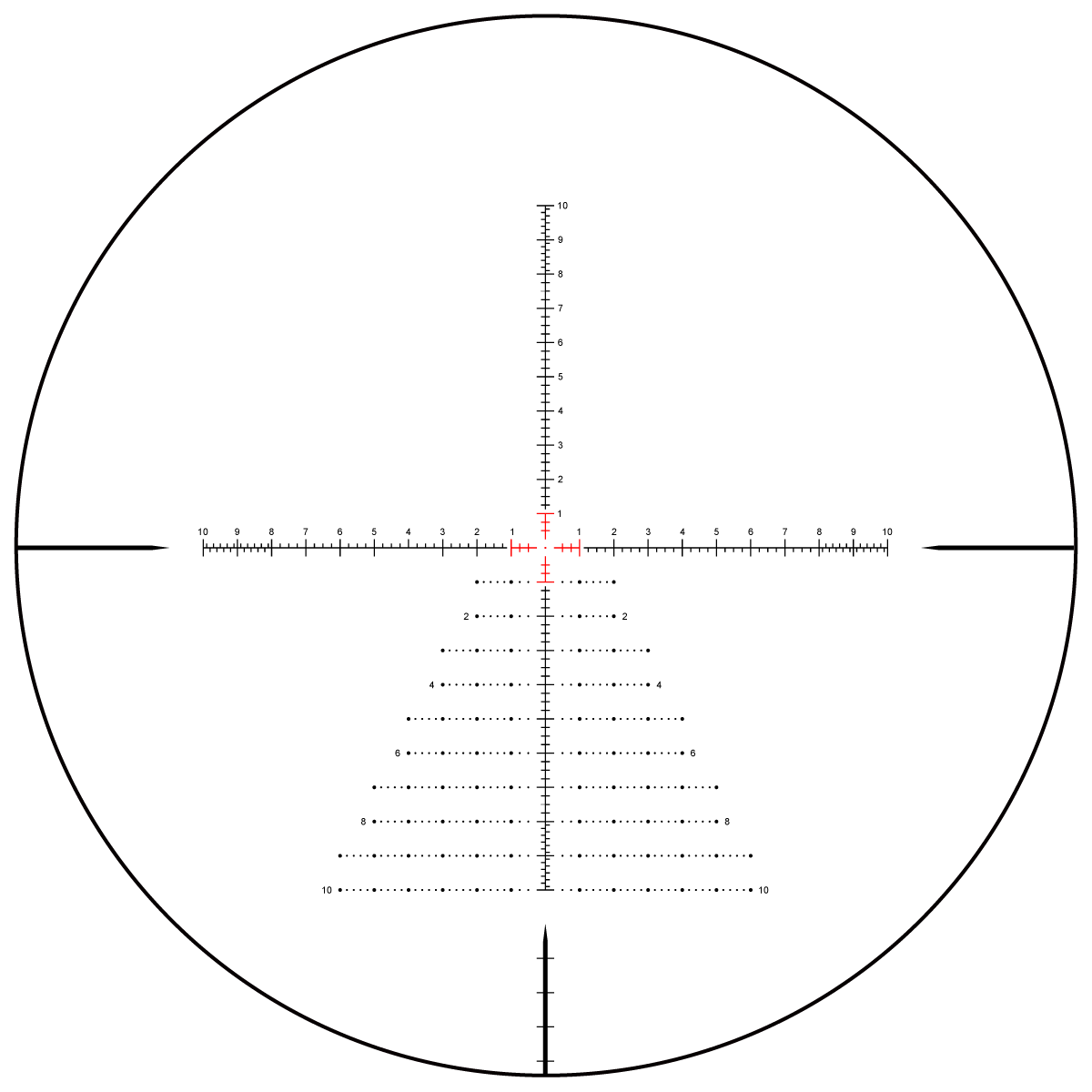 Figure 2 — A modern "Christmas tree" precision holdover reticle (Vector Optics SCFF-71). Source: vector2007.com.