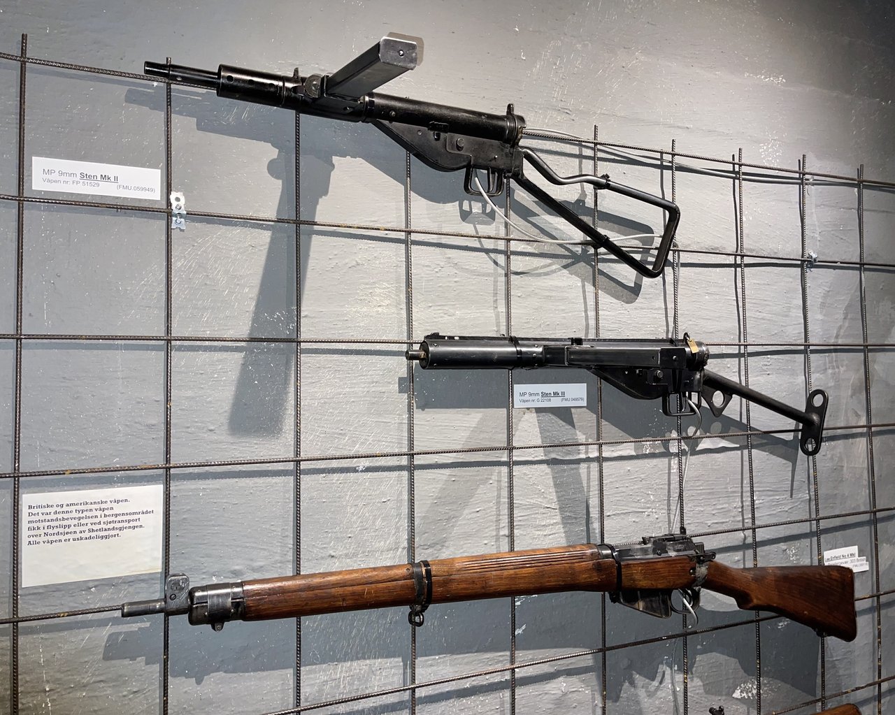 Figure 2.6.2 — A WWII Norwegian Hjemmestyrkene (Home Forces / resistance) STEN Mk II / Mk III collection display at Bergenhus Festningsmuseum (Bergen Fortress Military Museum), Norway, alongside ot…