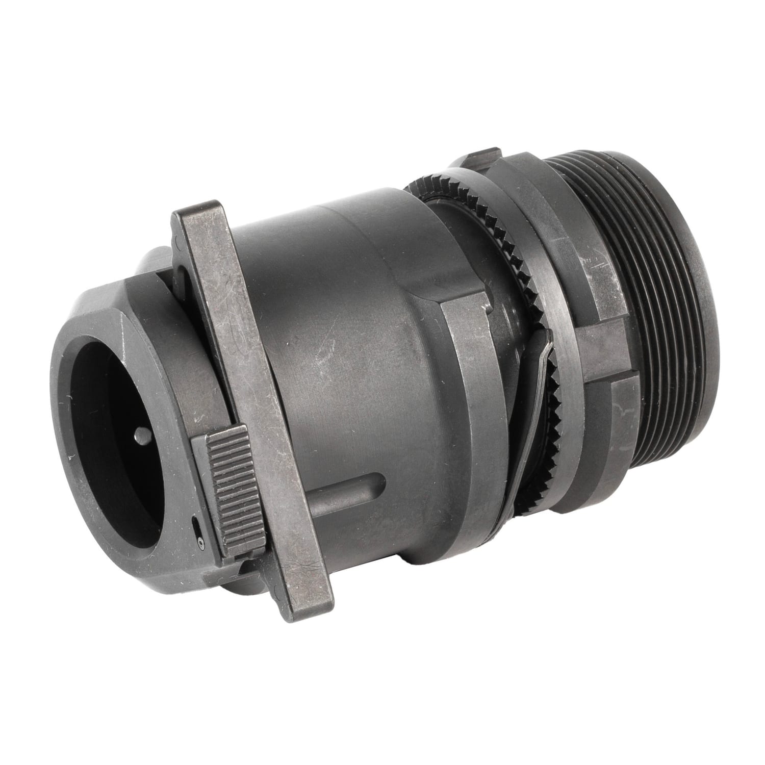 Figure 4 — A suppressor rear mount — the component that threads into a HUB-pattern can and determines whether it is direct thread or QD. Swapping this part is what makes a HUB can mount-agnostic. Source: web,…