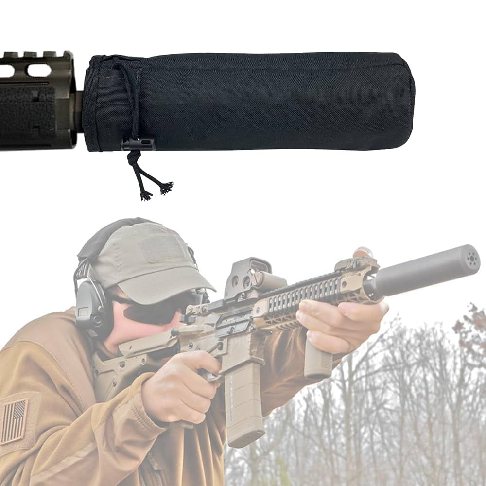 Figure 3 — A suppressor cover, and a cover in use on a rifle. It prevents burns, cuts thermal signature and — the reason precision shooters buy them — keeps the hot surface out of the sight line. It also insu…