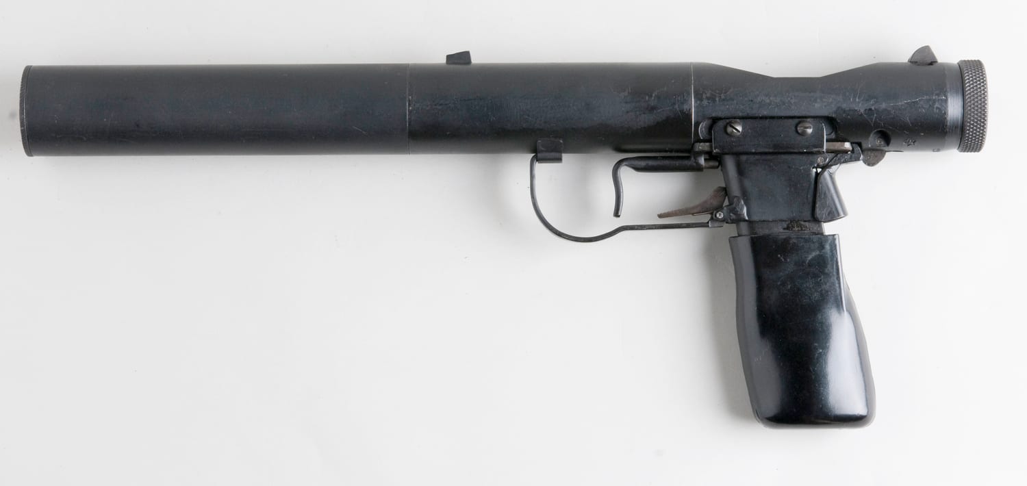 Figure 4 — A Welrod — a purpose-built suppressed pistol of the 1940s, on display at the Imperial War Museum. Development did not stop everywhere after 1934; it stopped in the American commercial market. Sourc…