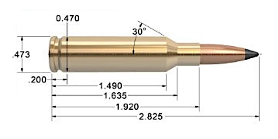 Figure 3 — 6.5 Creedmoor dimensions. Nothing about this cartridge wants to be slowed down, which is why the precision-rifle buying criteria are not acoustic ones. Source: commons.wikimedia.org, public domain.