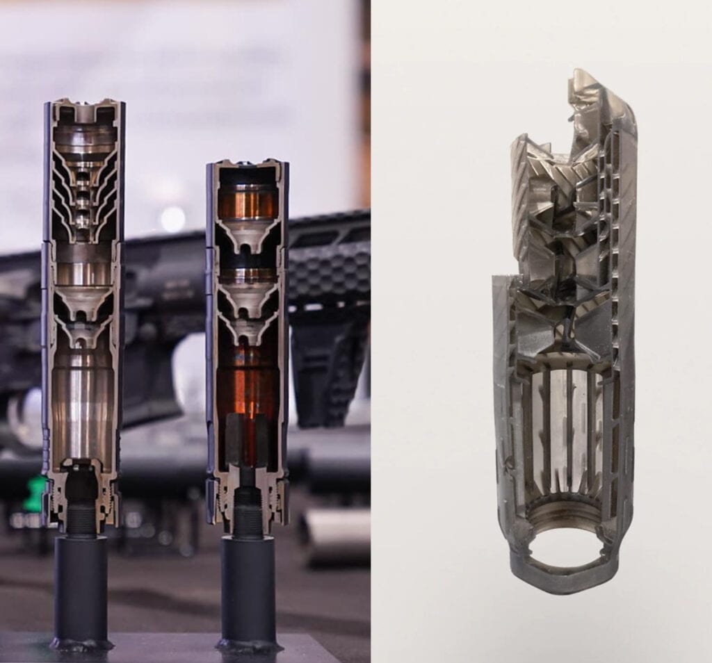 Figure 3 — Flow-through suppressor cores in section, alongside a printed core. The passages route gas forward instead of trapping it — the geometry cannot be machined, only grown. Source: web, reference use.