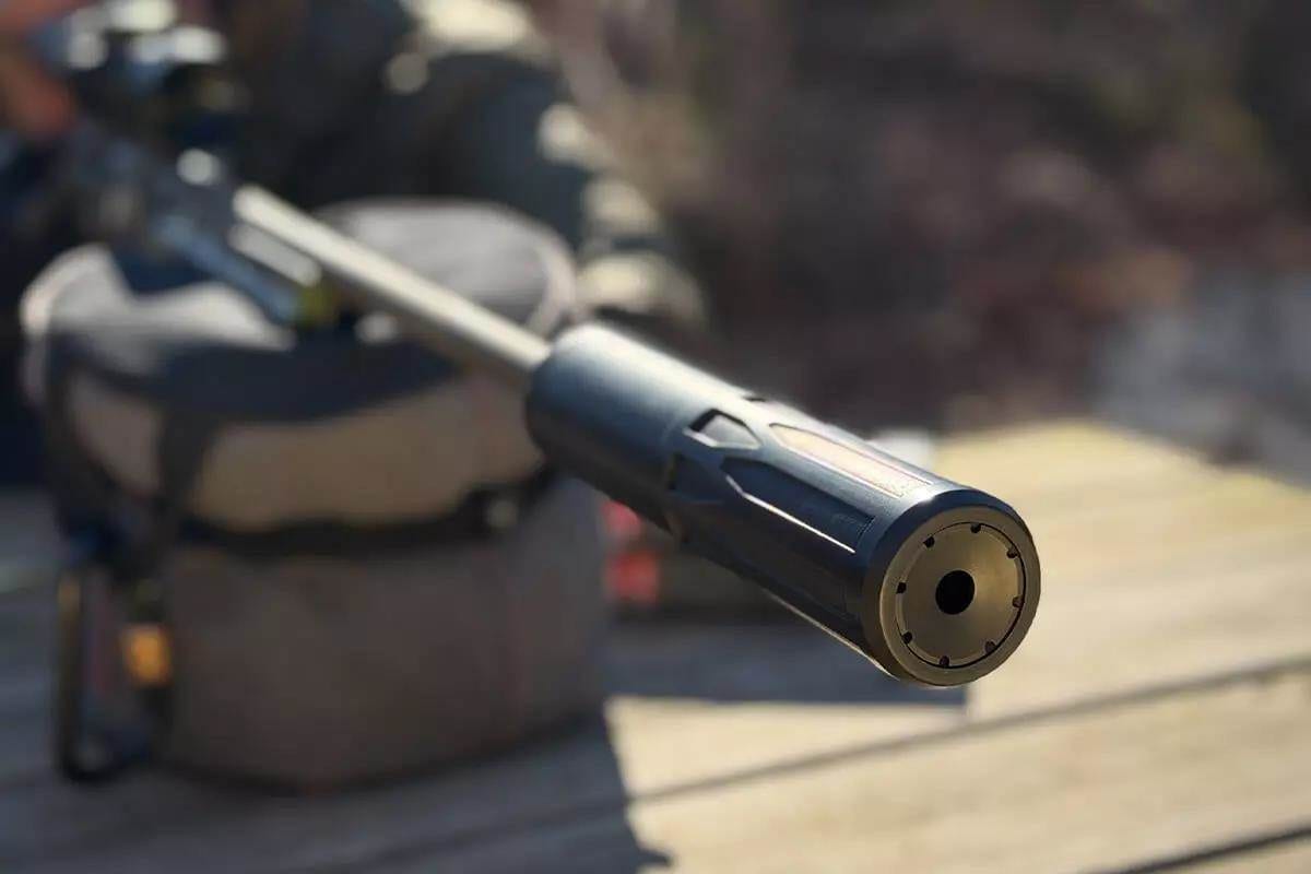 Figure 3 — A rifle can mounted and viewed from the muzzle. The number that matters on a hunting rifle is not how long the can is but how long the rifle becomes. Source: web, reference use.